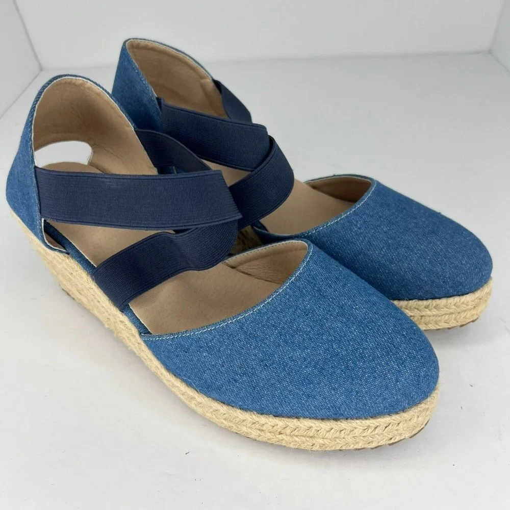 Womens Blue Beige Comfort Shoes Slip On Wedge Heel Espadrilles EU Size 41
